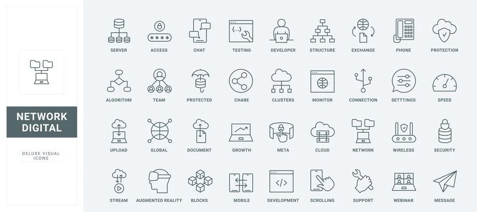 Digital data, network communication services for information exchange line icons Illustrazione stock
