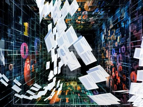Digital Data Network with Flying Documents and Binary Code Stock Illustration