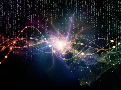 Digital Data Network with Glowing Code and Light Trails Stock Illustration