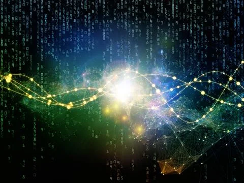 Digital Data Network with Glowing Code and Abstract Light Trails Stock Illustration