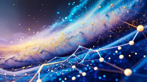 Digital Data Network With Interconnected Nodes And Flowing Lines. Stock Photos