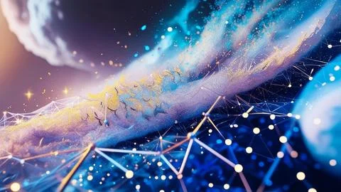 Digital Data Network With Interconnected Nodes And Flowing Lines. Stock Photos