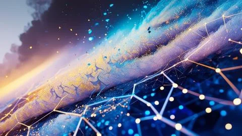 Digital Data Network With Interconnected Nodes And Flowing Lines. Stock Photos