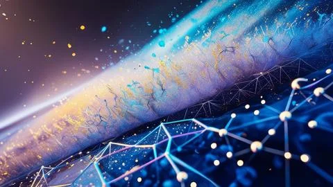 Digital Data Network With Interconnected Nodes And Flowing Lines. Stock Photos