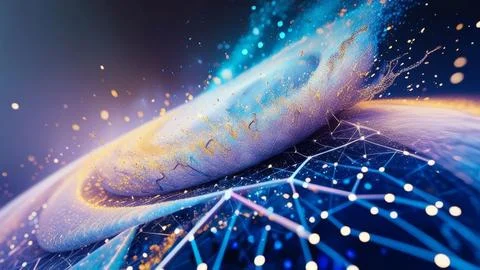 Digital Data Network With Interconnected Nodes And Flowing Lines. Stock Photos