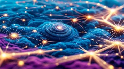 Digital Data Network With Interconnected Nodes And Flowing Lines. Stock Photos