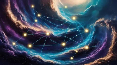 Digital Data Network With Interconnected Nodes And Flowing Lines. Stock Photos