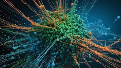 Digital Data Network With Interconnected Nodes And Flowing Lines. Stock Photos