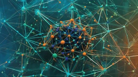 Digital Data Network With Interconnected Nodes And Flowing Lines. Stock Photos