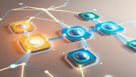 Digital Data Network With Interconnected Nodes And Flowing Lines. Stock Photos