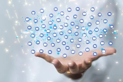 Digital  data network with many blue files in hands with dark red in the backgro Foto stock