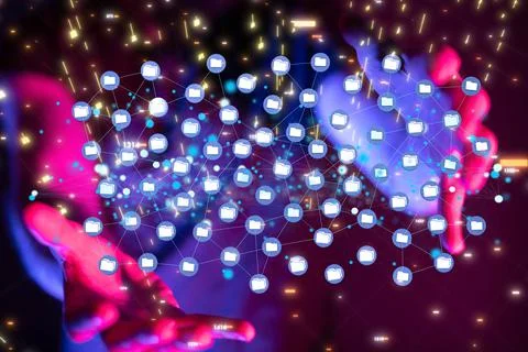 Digital  data network with many blue files in hands with dark red in the backgro Foto stock