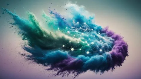 Digital Data Network With Nodes And Lines Resembling Dust Particles. 写真素材