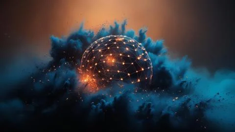 Digital Data Network With Nodes And Lines Resembling Dust Particles. 写真素材