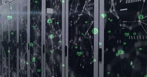 Digital data network overlay on server racks in modern data center Stock Photos