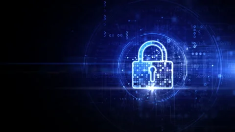 Digital Data Network Protection, Blue Padlock Icon CyberSecurity, Technology Stock Footage 221158808