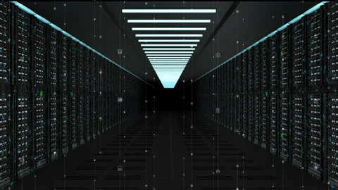 Digital data network servers in a server room of a data center or ISP with El Stock Footage 133097800