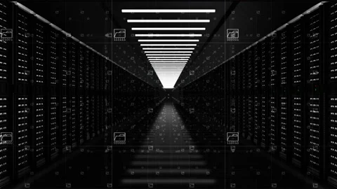 Digital data network servers in a server room of a data center or ISP with El Stock Footage 133098845
