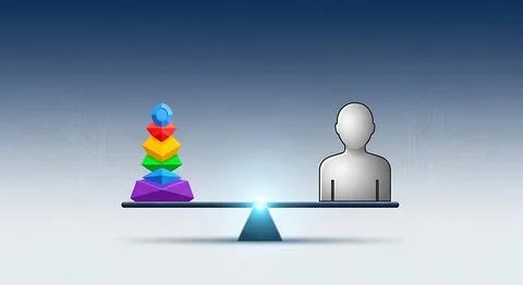 Digital data or abstract concepts balancing against human icon on a scale, .. Illustrazione stock