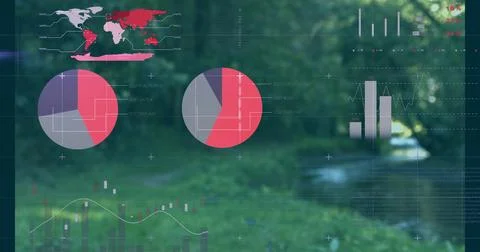 Digital data overlay presenting world map pie charts bar and line graphs in lush Stockfoto's