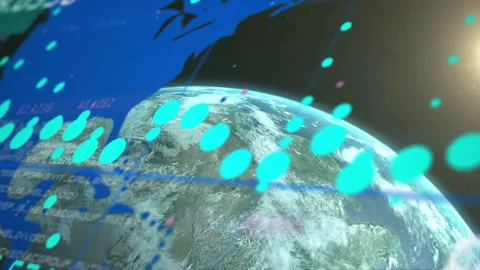 Digital data points and graphics overlaying rotating Earth in space animation Stock Footage 303609153