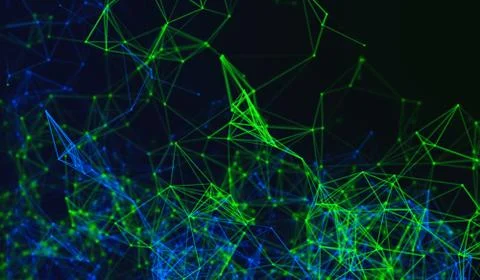 Digital data points and green network connection lines on black background fo 스톡 사진