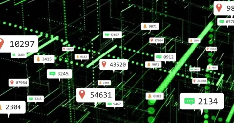 Digital data points and location markers over green grid network animation Stock Footage 305862705