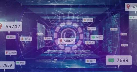 Digital data points and location markers floating in futuristic virtual Stock Photos