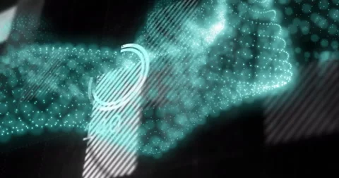 Digital data points forming abstract shape with numerical animation over dark Stockbeeldmateriaal 305431844