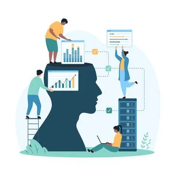 Digital data processing with AI, tiny people work with virtual information in Stockillustratie