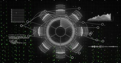 Digital data processing and analysis image over futuristic interface with graphs Stock Illustration