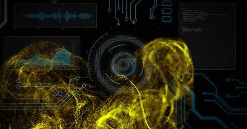 Digital data processing and analysis image over abstract yellow particles Stock Photos