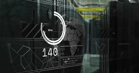 Digital data processing and analytics over server room with world map and graphs Vídeos de archivo 328457812