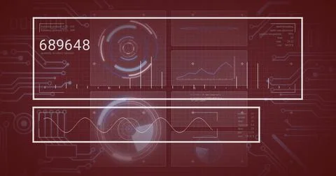 Digital data processing and analytics image over red technological interface Stockfoto's