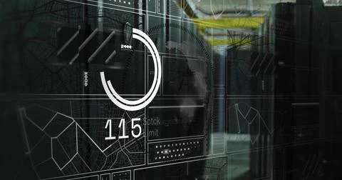 Digital data processing and analytics over server room with world map and graphs Stock Photos