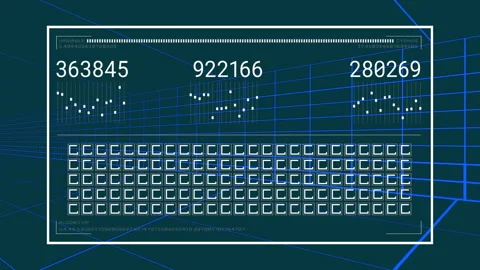 Digital data processing animation with numbers and grid lines on dark background Stock Footage 303676173