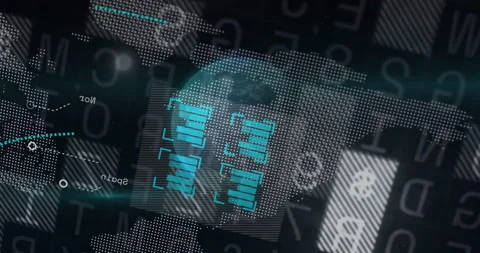 Digital data processing animation over world map with binary code elements Stock Footage 304857492
