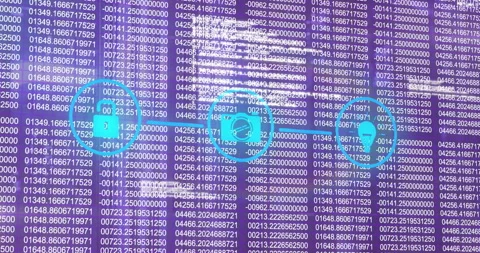 Digital data processing animation over binary code and blue icons on purple Stock Footage 305292486
