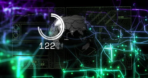 Digital data processing animation over world map and network connections Stockbeeldmateriaal 305527330