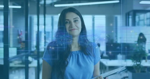 Digital data processing animation over woman holding documents in modern office Stock Footage 306637569
