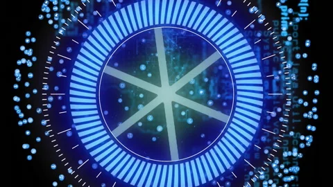 Digital data processing animation over blue circular interface with coding Stock Footage 313523290
