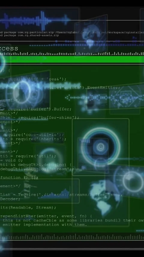 Digital data processing animation over green terminal screen with code and Stock Footage 319811493