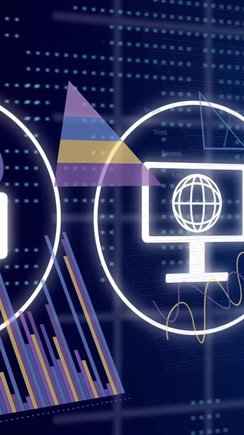 Digital data processing animation over icons of camera, computer, and bar graphs Stock Footage 319976297