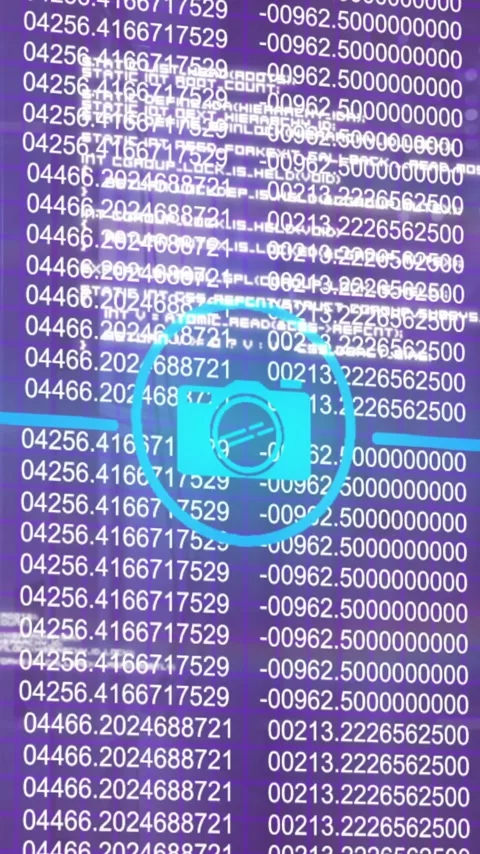 Digital data processing animation over binary code and blue icons on purple Stock Footage 320034238