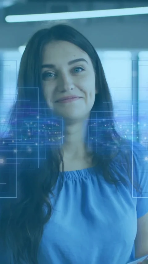 Digital data processing animation over woman holding documents in modern office Stock Footage 320160807