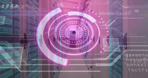 Digital data processing animation over server room with pink circular graphics Stock Footage 329859505