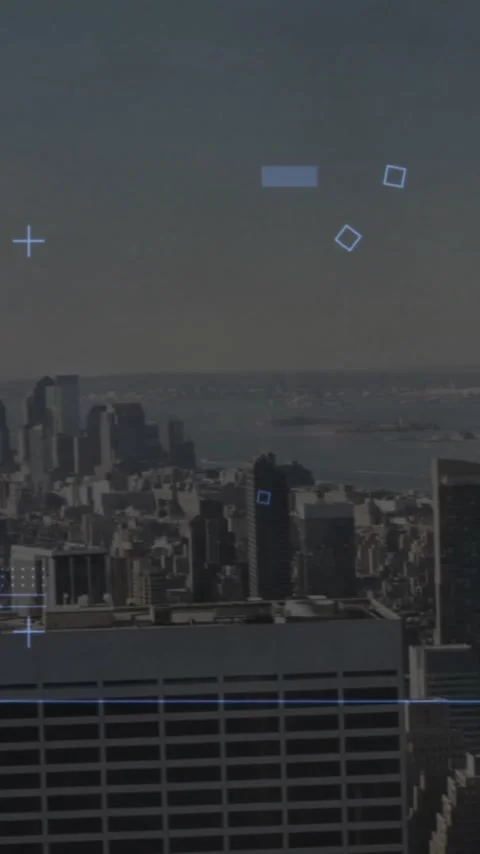 Digital data processing animation over cityscape with skyscrapers and river Stock Footage 342010659