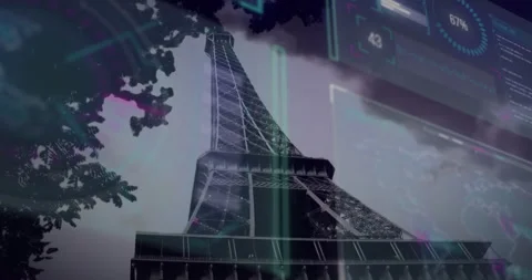 Digital data processing animation overlaying sky with Eiffel Tower in view Stock Footage 303429560