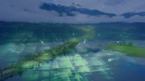 Digital data processing animation overlaying mountain landscape in scenic view Stock Footage 328589264