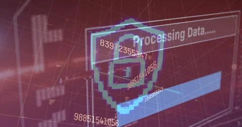 Digital data processing with cybersecurity shield icon overlaying binary code 스톡 사진